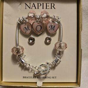 Napier New Silver Toned Bracelet & Ear Ring Boxed Set Pink Charms Spell MOM